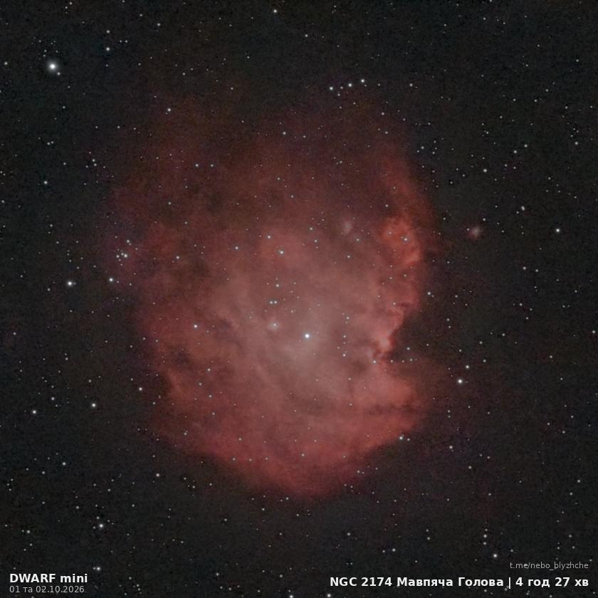 Туманність Мавпяча Голова · NGC 2174, астрофото з міського балкона смарт-телескопом DWARF Mini