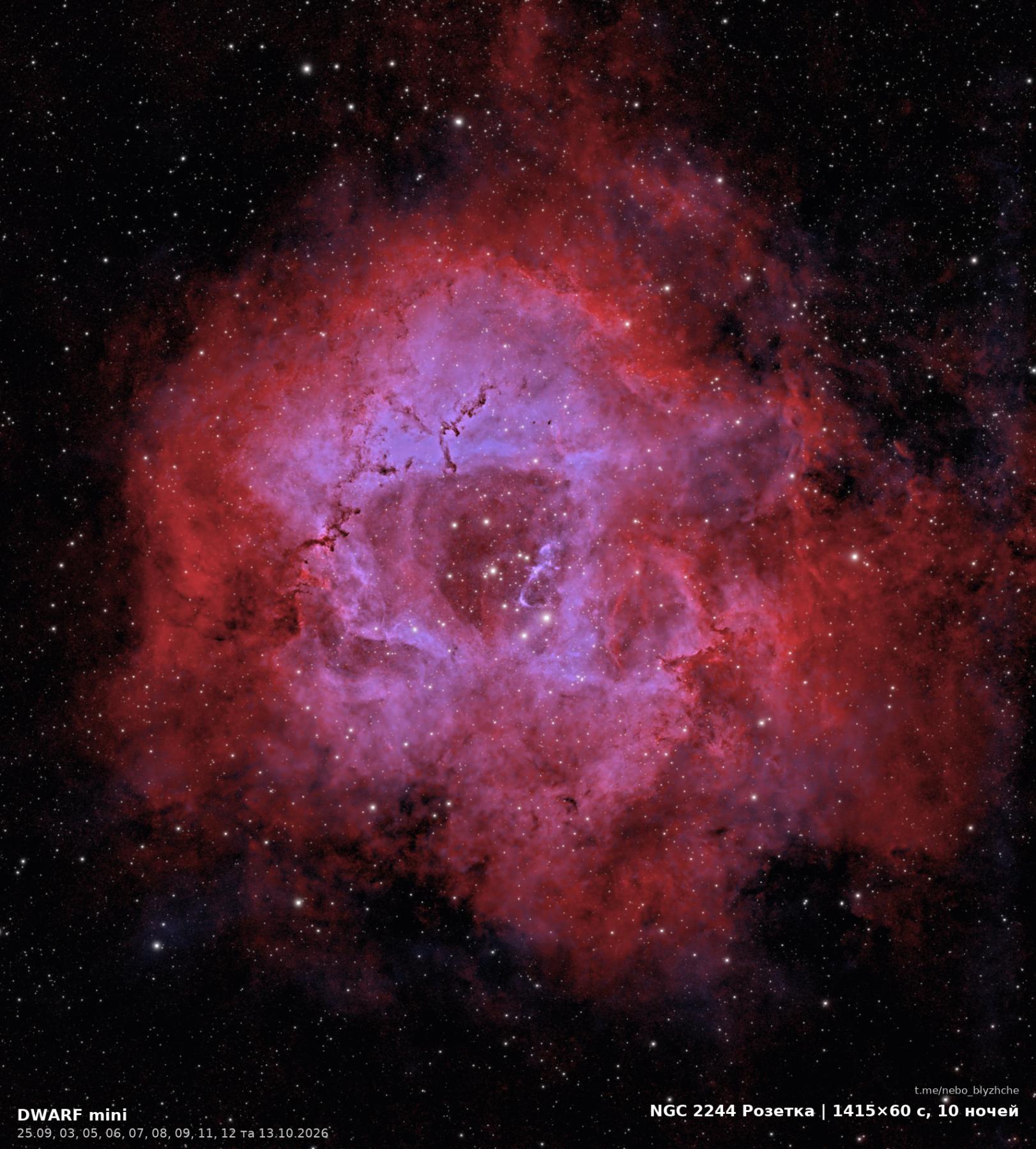 Rosette Nebula · NGC 2244, astrophotography from a city balcony with a DWARF Mini smart telescope