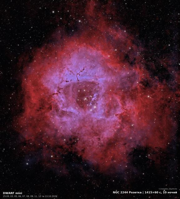 Rosette Nebula · NGC 2244, astrophoto from a city balcony, DWARF Mini