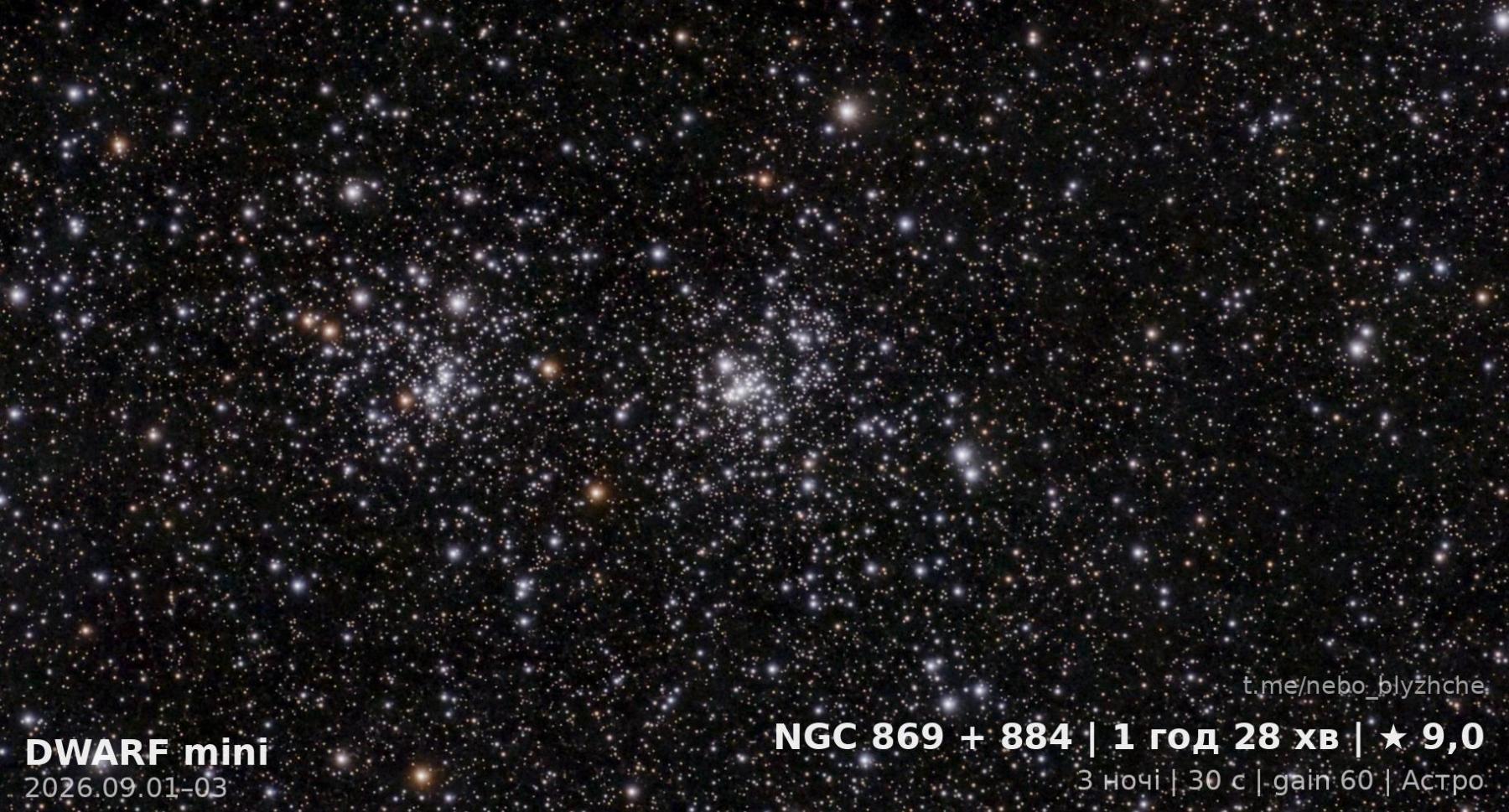 Подвійне скупчення Персея (h Persei) · NGC 869, астрофото з міського балкона смарт-телескопом DWARF Mini