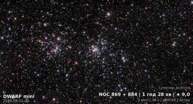 Double Cluster in Perseus (h Persei) · NGC 869, astrophoto from a city balcony, DWARF Mini